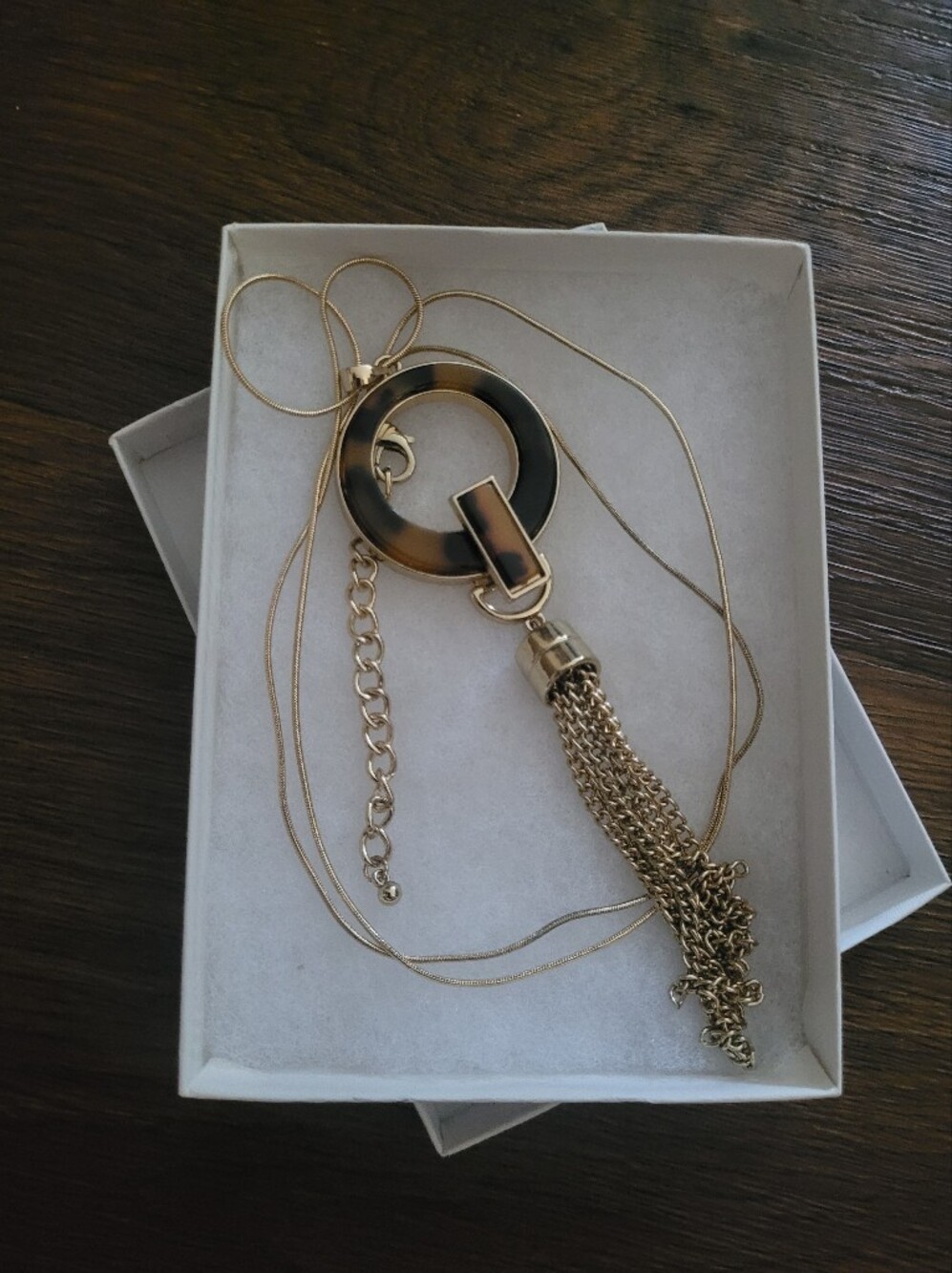 Tortoise Shell Pendant Necklace with Gold-toned Tassled Fringe